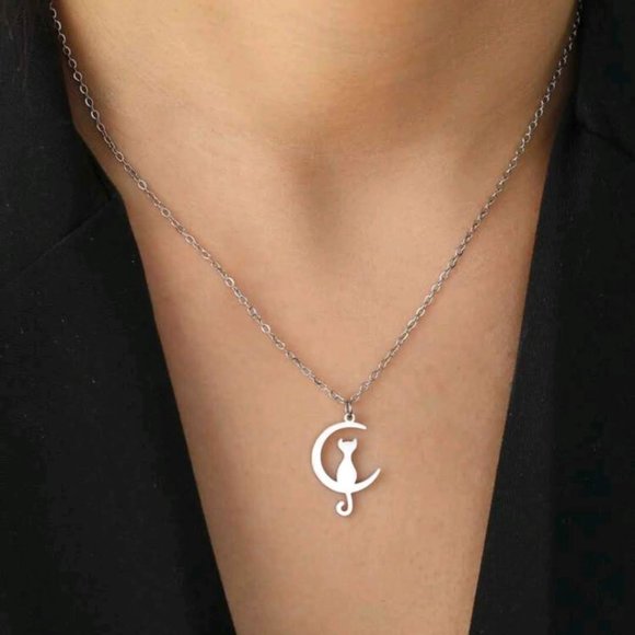 Jewelry - Cat and Moon necklace stainless steel Purrrrrrfet for cat lovers!